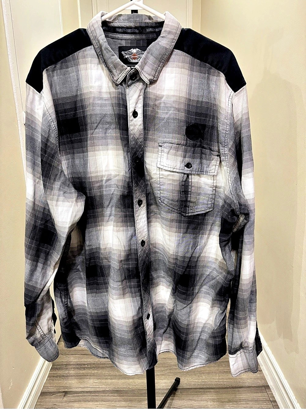 Harley-Davidson Men's Contrast Yoke Plaid Woven Shirt Gray & Black 2XL